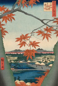 Maple Trees at Mama, Tekona Shrine and Tsugi Bridge (Mama no momiji, Tekona no yashiro, Tsugihashi), fra serien "One Hundred Famous Views of Edo (Meisho Edo hyakkei)" av Utagawa Hiroshige