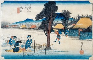 Minakuchi: kjent produksjon av Kampyo, fra serien "Fifty-three Stations on the Tokaido", ca. 1834-35 (farget treblokktrykk)