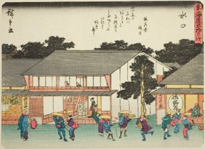 Minakuchi, fra seriens "fifty-three S tachi sound s of te urbanity (urbanity main mountain next)," (Urban grad med tillatelse) av Utagawa Hiroshige