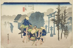 Mishima: Morning Mist (Mishima, asagiri), fra serien "Fifty-three Stations of the Tokaido Road (Tokaido gojusan tsugi no uchi)," også kjent som Hoeido Tokaido av Utagawa Hiroshige