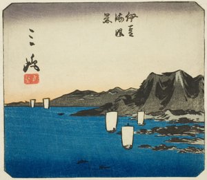 Mishima, seksjon av ark nr. 3 fra serien "Cutout Pictures of the Tokaido (Tokaido harimaze zue)" av Utagawa Hiroshige