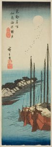 Misty Moonlight on the Shore på Tsukuda Island (Tsukudajima kaihen oborozuki), fra serien "Famous Places in the Eastern Capital (Toto meisho)" av Utagawa Hiroshige
