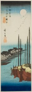 Unsty også på over Te Shore At Tsukuda I Sand (Tsukudajima Modified Oborozuki), fra Te Seeries "Fa Nets Pa Backs Member Te Airs Håndlaget Pita l ( Toto (kjent sted)" av Utagawa Hiroshige