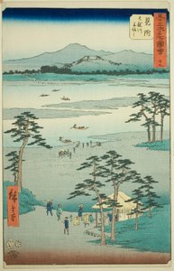 Mitsuke: Ferge på Tenryu-elven (Mitsuke, Tenryugawa funewatashi), nr. 29 fra serien "Famous Sights of the Fifty-three Stations (Gojusan tsugi meisho zue)," også kjent som Vertical Tokaido av Utagawa Hiroshige