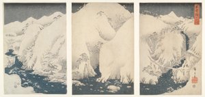 Fjell og elver langs Kiso Highway under snø av Utagawa Hiroshige