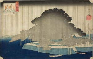 Night Rain at Karasaki (Karasaki no yau), fra serien "Eight Views of Omi (Omi hakkei no uchi)" av Utagawa Hiroshige