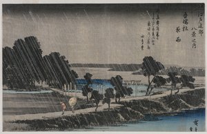 Night Rain at the Azuma Shrine (fra serien Eight Views of the Environs of Edo) av Utagawa Hiroshige