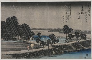Night Rain at the Azuma Shrine fra serien Eight Views of the Environs of Edo, midten av 1830-tallet. av Utagawa Hiroshige