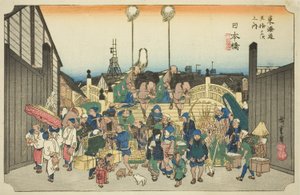 Nihonbashi: Procession Departing (Nihonbashi, gyoretsu furidashi), fra serien "Fifty-three Stations of the Tokaido Road (Tokaido gojusan tsugi no uchi)," også kjent som Hoeido Tokaido av Utagawa Hiroshige