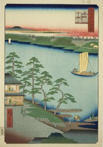 Shinjuku Ferry (Shinjuku me), fra serien "Ridge dre d fa s views of Edo (One Hundred Famous Views of Edo)" av Utagawa Hiroshige