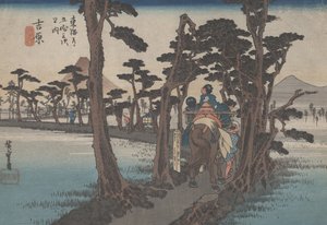 Nr. 16 'Yoshiwara: Fuji på venstresiden' fra 53 stasjoner i Tokaido, ca. 1833
