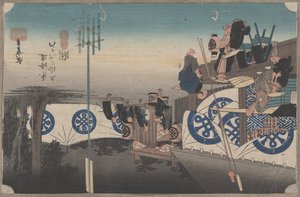 Nr. 48 'Seki: Tidlig avgang fra Honjin' fra 53 stasjoner i Tokaido, ca. 1834