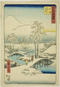 Numazu: Mount Fuji og Mount Ashigara i klart vær etter snø, nr. 13 (Numazu, Ashigarayama Fuji no yukibare), fra serien "Famous Sights of the Fifty-three Stations (Gojusan tsugi meisho zue)," også kjent som den vertikale Tokaido av Utagawa Hiroshige