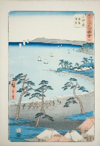 Odawara: Fiskerhusene på stranden (Odawara, kaigan gyosha), nr. 10 fra serien «Berømte severdigheter fra de femtitre stasjonene (Gojusan tsugi meisho zue)», også kjent som den vertikale Tokaido av Utagawa Hiroshige