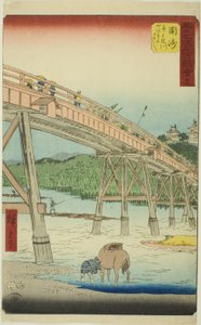 Okazaki: Yahagi Bridge on the Yahagi River (Okazaki, Yahagigawa Yahagi no hashi), nr. 39 fra serien "Famous Sights of the Fifty-three Stations (Gojusan tsugi meisho zue)," også kjent som den vertikale tokaidoen av Utagawa Hiroshige