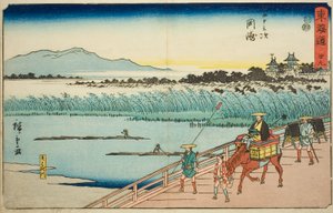 Okazaki: Yahagi River (Okazaki, Yahagigawa) – nr. 39, fra serien "Fifty-three Stations of the Tokaido (Tokaido gojusan tsugi)," også kjent som Reisho Tokaido av Utagawa Hiroshige