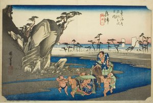 Okitsu: Okitsu-elven (Okitsu, Okitsugawa), fra serien "Fifty-three Stations of the Tokaido Road (Tokaido gojusan tsugi no uchi)," også kjent som Hoeido Tokaido av Utagawa Hiroshige