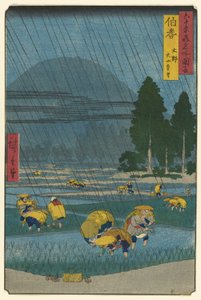 Ono, Distant View of Mount Daisen i Hoki-provinsen (Hoki, Ono, Daisen enbo), fra serien "Famous Places in the Sixty-odd Provinces (Rokujuyo-shu meisho zue)" av Utagawa Hiroshige