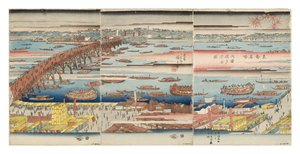 Panoramautsikt over en sommerkveld ved Ryogoku-broen, ca. 1832-34 (treblokk)