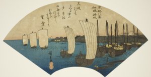 Returning Sails at Tsukudajima (Tsukudajima kihan), fra serien "Eight Views of the Eastern Capital (Toto hakkei)" av Utagawa Hiroshige
