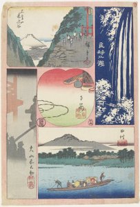 Ryo_ben-zan Fall, ferge ved Tamura, morgentåke ved O_yama-helligdommen, fjell og dal, suvenir fra Koyasu, juni 1858