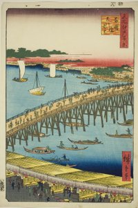 Ryogoku Bridge and the Great Riverbank (Ryogokubashi Okawabata), from the series "One Hundred Famous Views of Edo (Meisho Edo hyakkei)" av Utagawa Hiroshige
