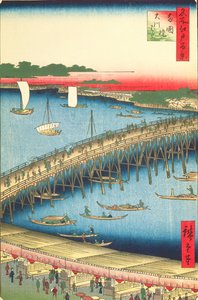 Ryogoku-broen og den store elvebredden, nr. 59 fra One Hundred famous Views of Edo, 1856 (fargetrykk av treblokk) av Utagawa Hiroshige