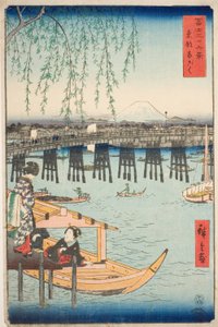 Ryogoku-broen i den østlige hovedstaden (Toto Ryogoku), fra serien "Thirty-six Views of Mount Fuji (Fuji sanjurokkei)" av Utagawa Hiroshige