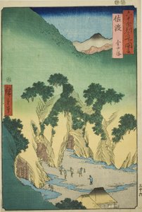 Sado Province: Gold Mines (Sado, Kinzan), fra serien "Famous Places in the Sixty-odd Provinces (Rokujuyoshu meisho zue)" av Utagawa Hiroshige