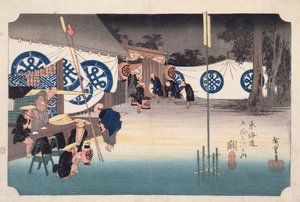 Seki, tidlig avgang fra Daimyos Inn, fra femtitre stasjoner på Tokaido Highway, ca. 1834 (fargetrykk av treblokk) av Utagawa Hiroshige