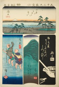Shimada, Fujieda, Okabe og Mariko, nei. 6 fra serien "Cutouts of the Fifty-three Stations (Gojusan tsugi harimaze)" av Utagawa Hiroshige