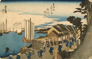 Shinagawa: Departure of a Daimy fra serien 53 Stations of the Tokaido, 1831-4 (farget treblokktrykk)