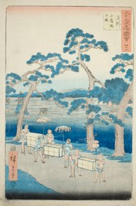 Shono: Gamle stedet for Shiratori-haugen (Shono, Shiratorizuka koseki), nr. 46 fra serien "Famous Sights of the Fifty-three Stations (Gojusan tsugi meisho zue)," også kjent som den vertikale Tokaido av Utagawa Hiroshige