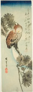 Småhornugle, furu og halvmåne av Utagawa Hiroshige