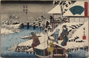 Snøscene ved Mokubo-ji-tempelet og restauranten Uekiya, ca. 1835-1842