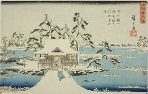Snø ved Benzaiten-helligdommen i Inokashira-dammen (Inokashira no ike Benzaiten no yashiro yuki no kei), fra serien "Snow, Moon, and Flowers at Famous Places (Meisho setsugekka)" av Utagawa Hiroshige