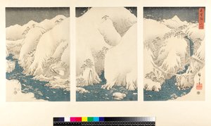 Snøstorm i fjellene og elvene i Kiso, (sanmaitsuzuki - triptyk, yoko-e - horisontalt format, farget treblokktrykk)