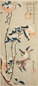Spurver og kamelia i snø av Utagawa Hiroshige