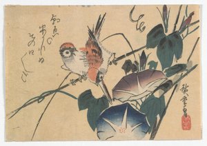 Sparrows and Morning Glories, Edo-perioden, slutten av 1830-tallet (farget treblokktrykk)