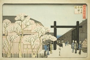 Yoshiwara (New Yoshiwara Spring Akebono Picture), fra "Fa Nets Paseo Edo (blant de berømte stedene i Edo)" av Utagawa Hiroshige