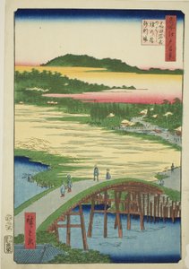 Sugatami Bridge, Omokage Bridge and the Gravel Pit at Takata (Takata Sugataminohashi Omokagenohashi jariba), fra serien "One Hundred Famous Views of Edo (Meisho Edo hyakkei)" av Utagawa Hiroshige