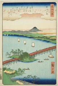 Sunset Glow at Seta (Seta Sekisho), fra serien "Eight Views of Omi (Omi Hakkei)" av Utagawa Hiroshige