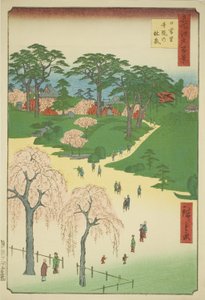 Temple Gardens in Nippori (Nippori jiin no rinsen), fra serien "One Hundred Famous Views of Edo (Meisho Edo hyakkei)" av Utagawa Hiroshige