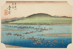 The Far Bank of the Oi River in Kanaya (Oigawa engan, Kanaya), del av ark nr. 6 fra serien "Cutout Pictures of the Tokaido (Tokaido harimaze zue)" av Utagawa Hiroshige