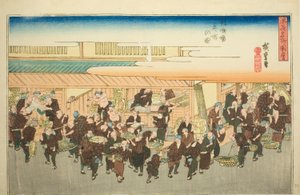 Fiskemarkedet i Zakoba (Zakoba uoichi no zu), fra serien "Famous Views of Osaka (Naniwa meisho zue)" av Utagawa Hiroshige