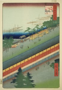 The Hall of Thirty-three Bays at Fukagawa (Fukagawa Sanjusangendo), fra serien "One Hundred Famous Views of Edo (Meisho Edo hyakkei)" av Utagawa Hiroshige