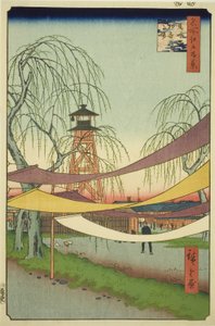Hatsune Riding Grounds at Bakuro-cho (Bakuro-cho Hatsune no Baba), fra serien "One Hundred Famous Views of Edo (Meisho Edo hyakkei)" av Utagawa Hiroshige