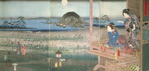 Lady Fujitsubo ser på prins Genji som drar i måneskinnet, 1853, (farget treblokktrykk)
