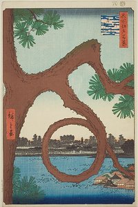 Månefuruen på tempelområdet i Ueno (Ueno sannai Tsuki no matsu), fra serien «Hundre berømte utsikter over Edo (Meisho Edo hyakkei)» av Utagawa Hiroshige