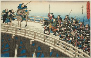 The Night Attack, del 4 [sic; faktisk 5]: The Retreat across Ryogoku Bridge (Youchi yon, Ryogoku hikitori), fra serien "The Revenge of the Loyal Retainers (Chushingura)" av Utagawa Hiroshige